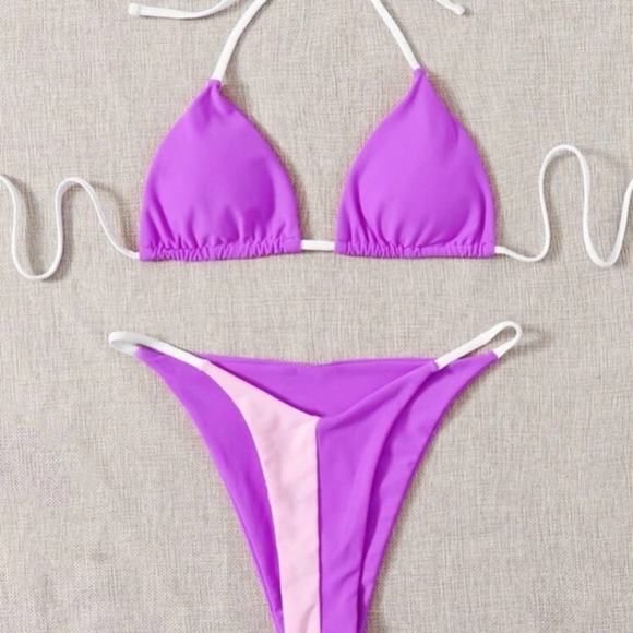 Purple color block halter knot triangle padded top thong bikini swimsuit Sz M - Picture 2 of 6
